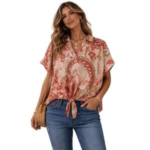 Single Thread Paisley Blouse Womens PM Multicolor Short Sleeve V-Neck Boho Top